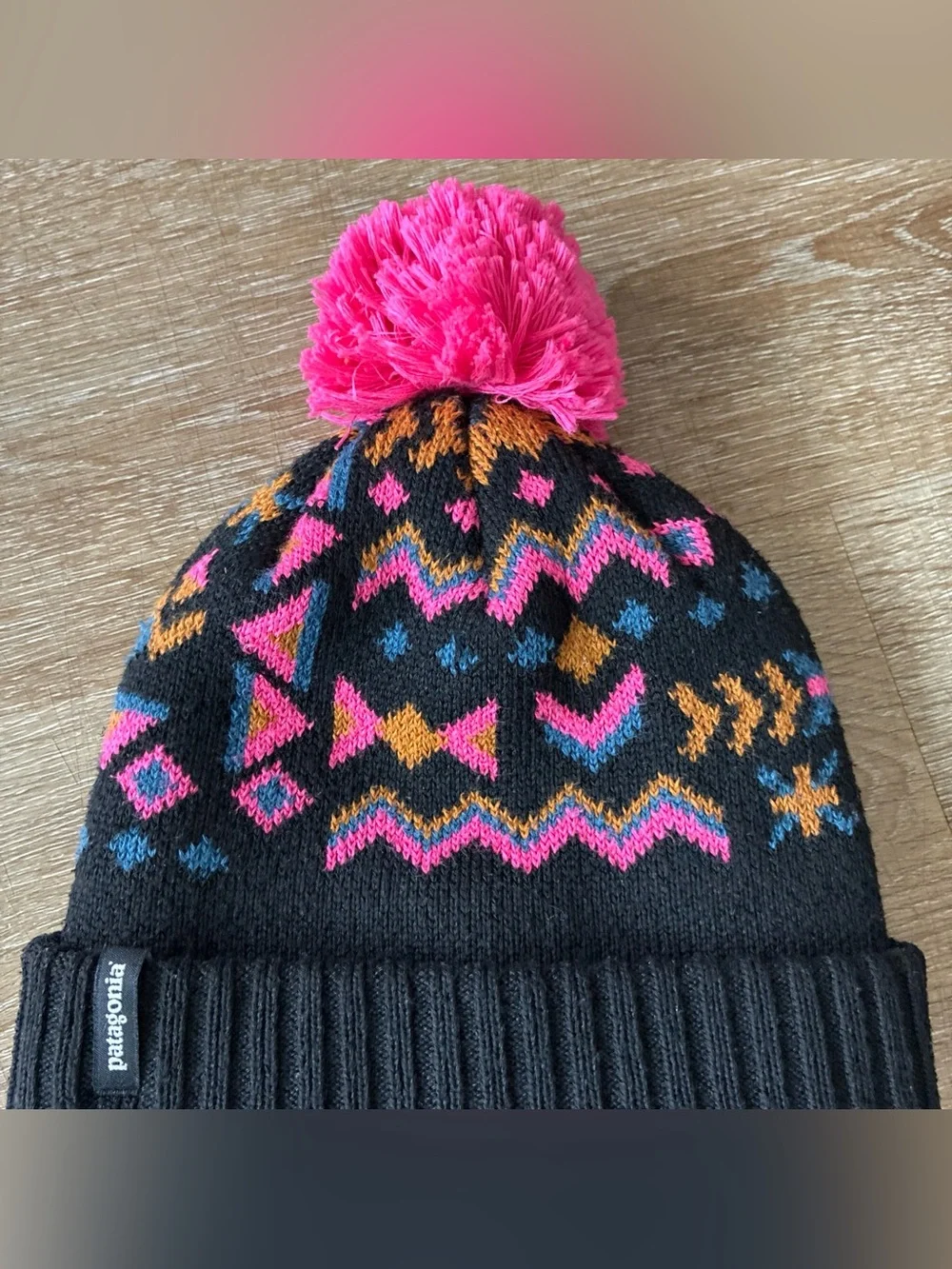 Patagonia Beanie Hat Cap Youth Pink Black Powder Town Pom Ski Ribbed Knit